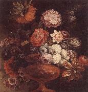 unknow artist Still life of chrysanthemums,lilies,tulips,roses and other flowers in an ormolu vase oil on canvas